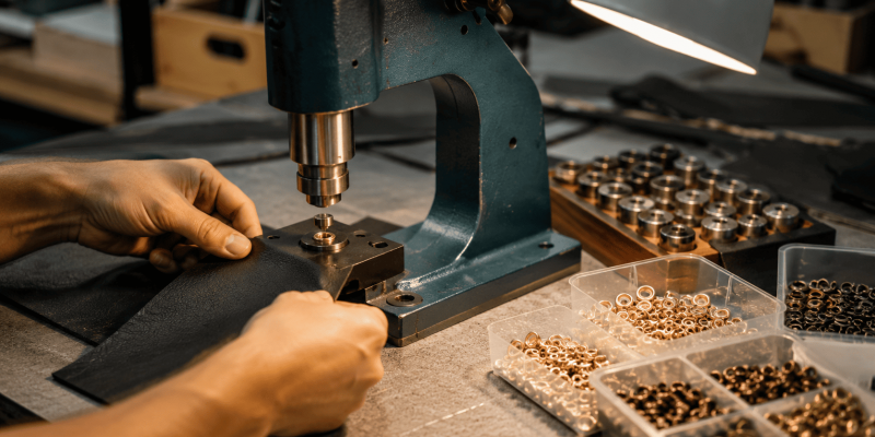 Detalle de una máquina colocando ollaos sobre material de marroquinería en un puesto de trabajo bien iluminado y organizado.